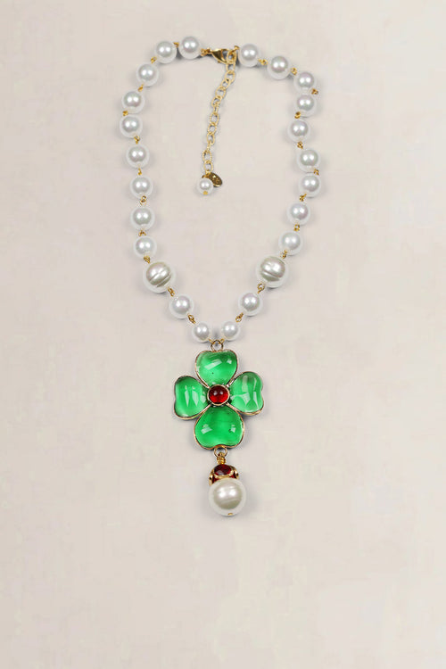 Green/Red Poured Glass Clover Pearl Necklace