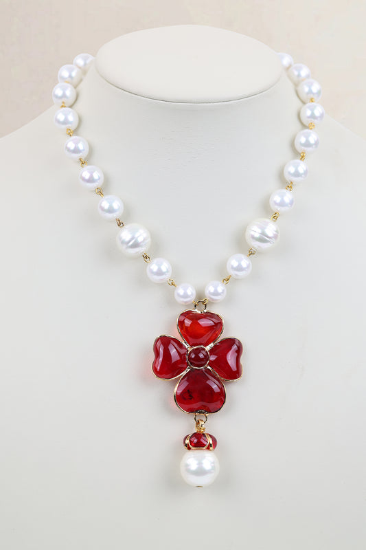 Red Poured Glass Clover Pearl Necklace