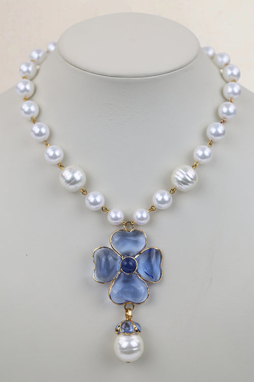Blue Poured Glass Clover Pearl Necklace