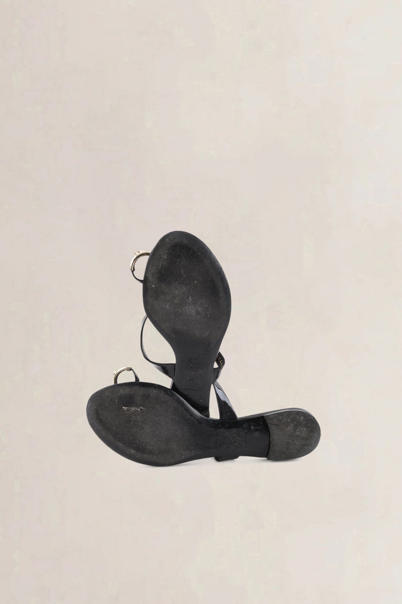 Chanel Black Patent Leather CC Ring Slip-On Sandals