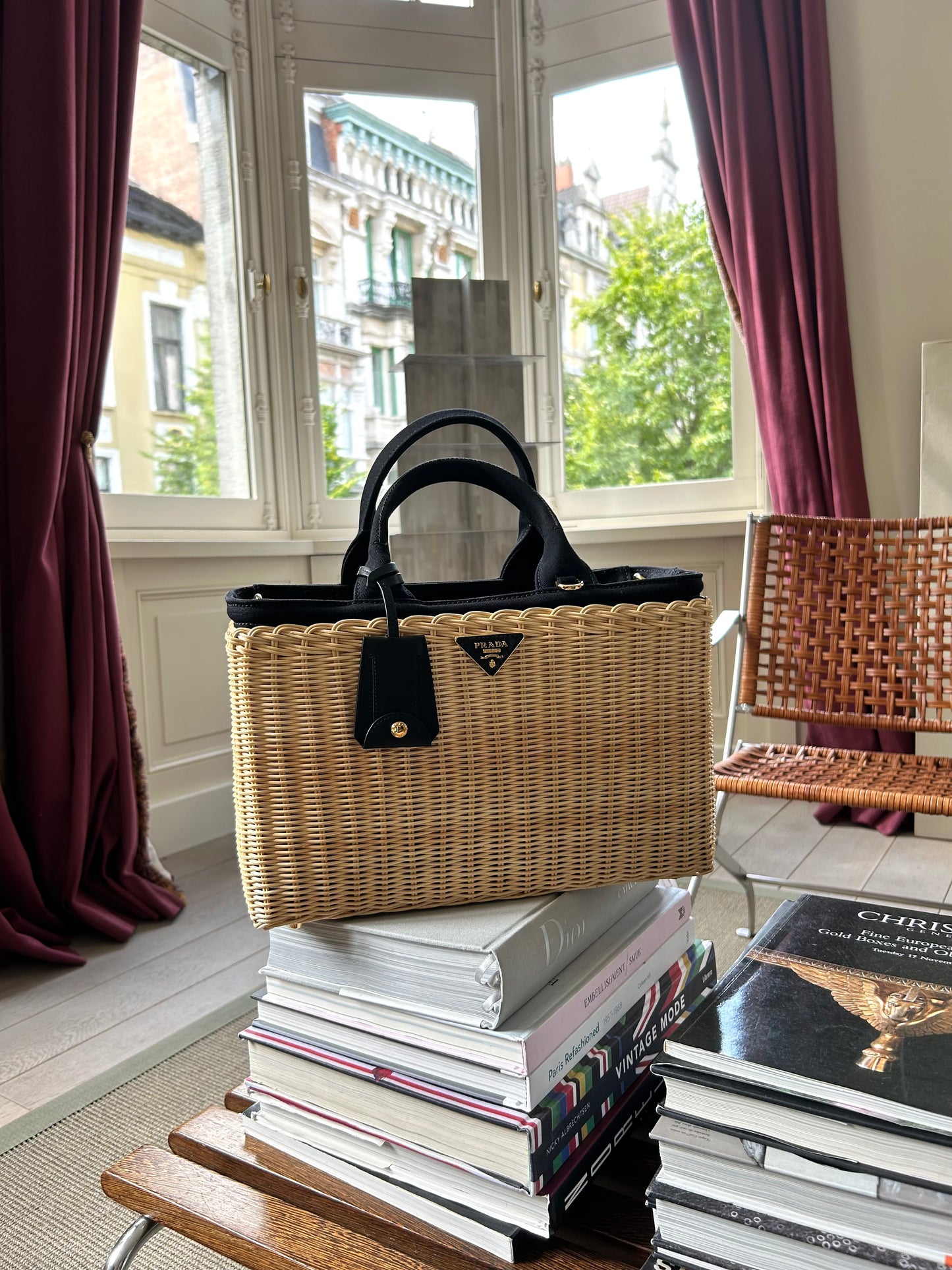 Black Wicker/Linen Crossbody Bag