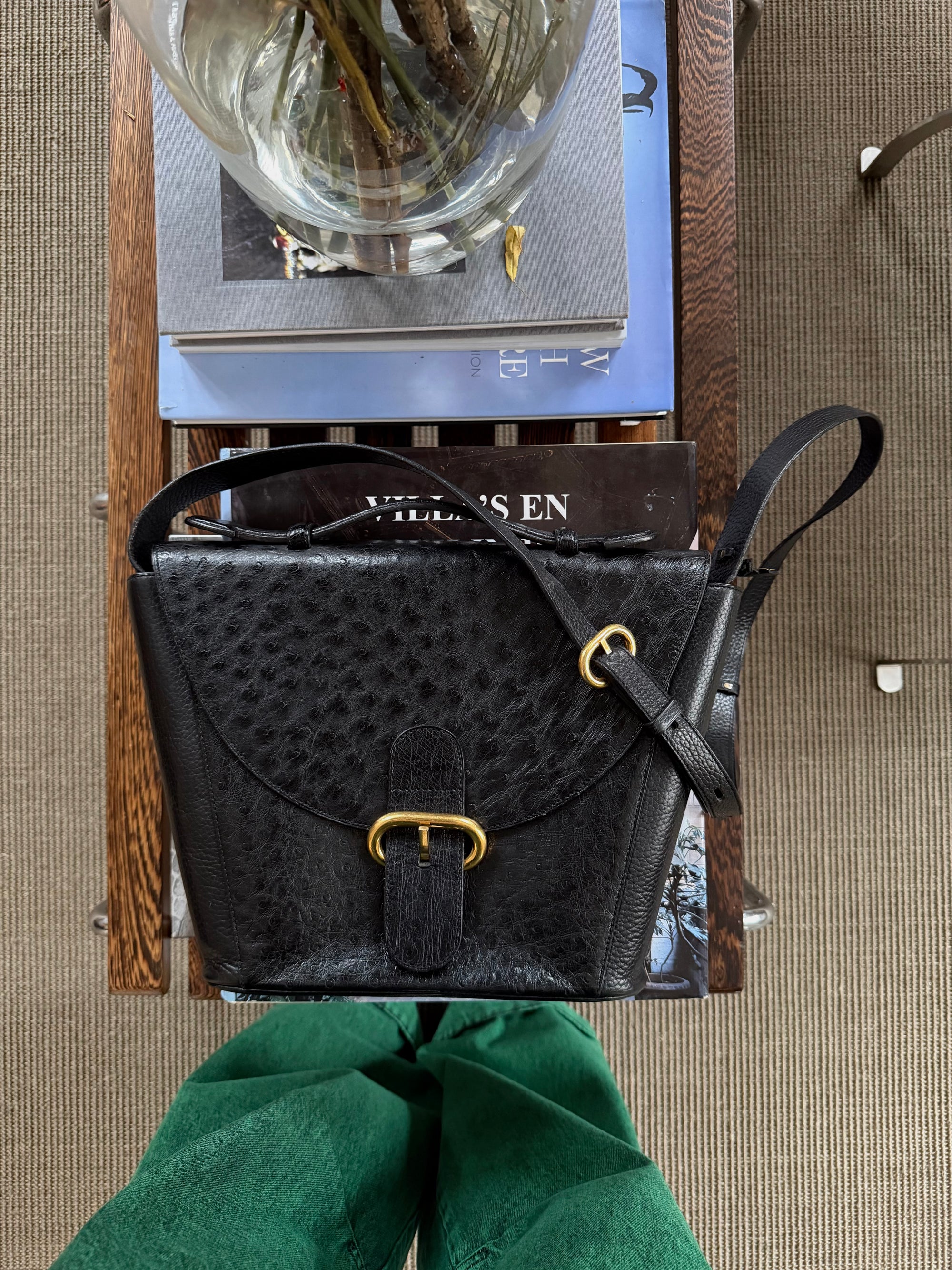 Delvaux Black Ostrich Leather Crossbody Bag