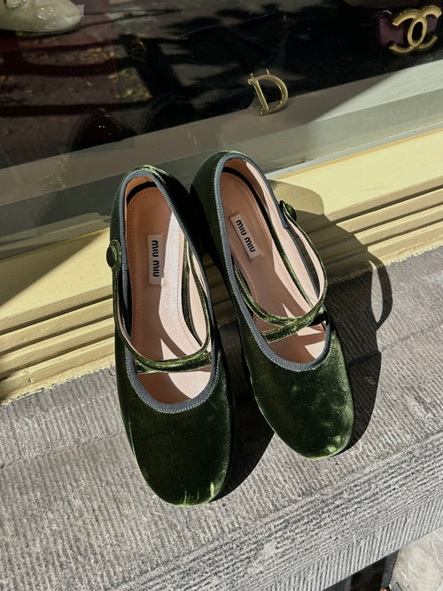 Green Velvet Ballet Flats