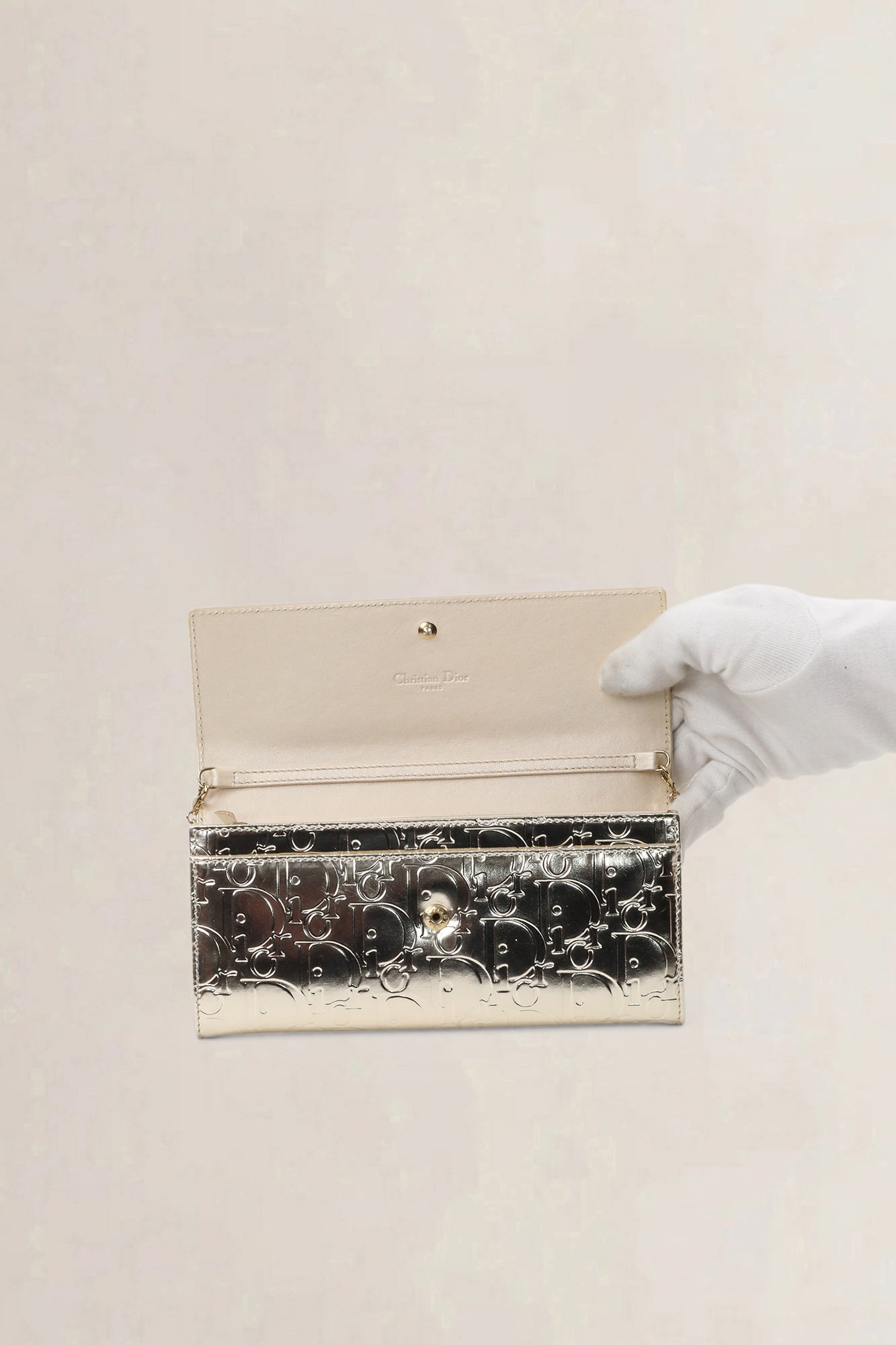 Christian Dior Gold Leather Logo Embossed Continental Wallet