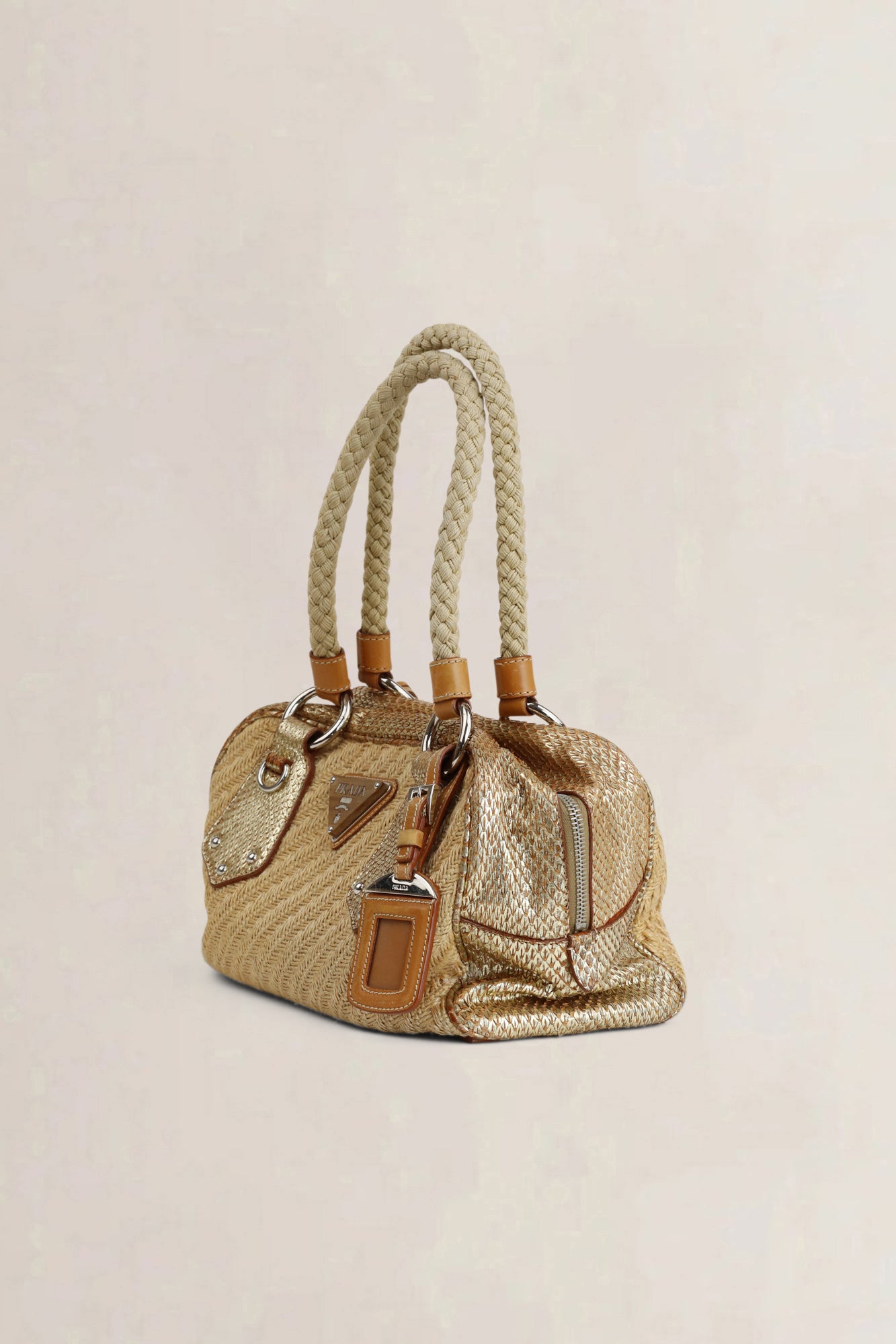 Prada Beige Raffia Pitone-Trim Shoulder Bag