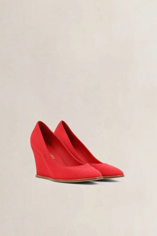 Chanel Red Canvas Wedge Pumps