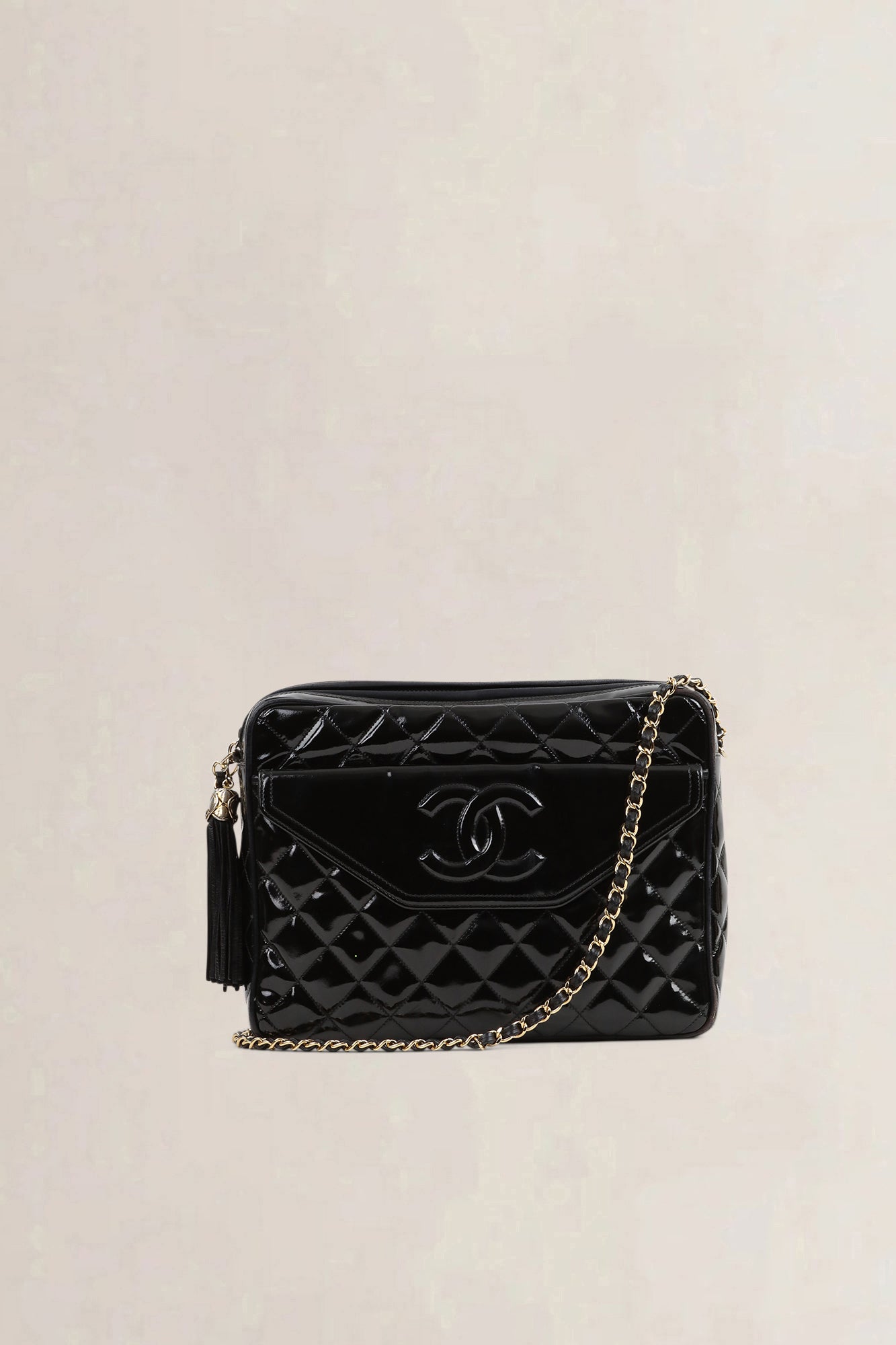 Chanel Black Quilted Patent Leather Camera Crossbody Bag