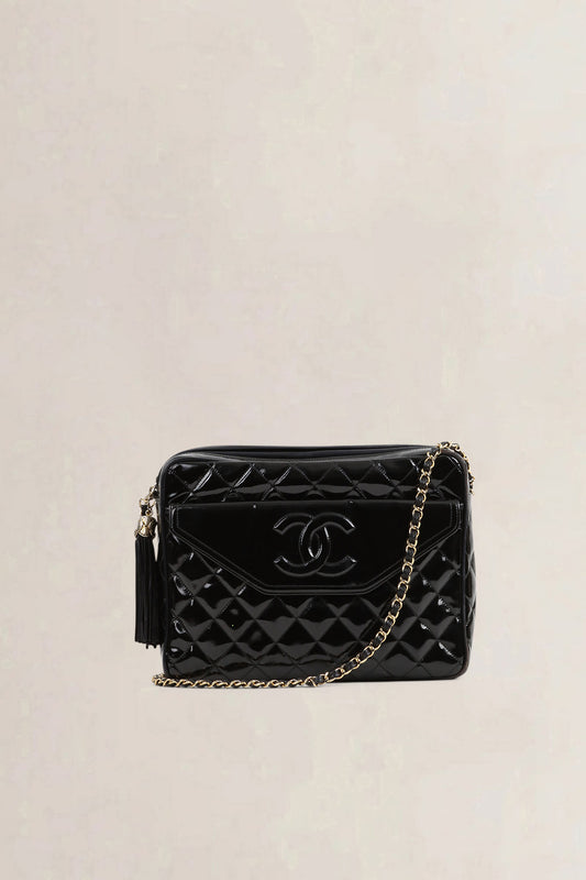 Chanel Black Quilted Patent Leather Camera Crossbody Bag