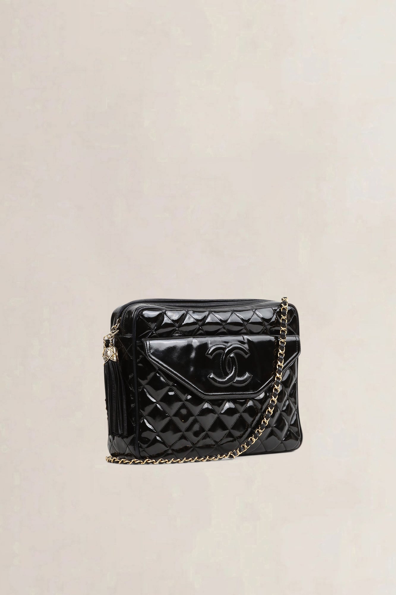 Chanel Black Quilted Patent Leather Camera Crossbody Bag