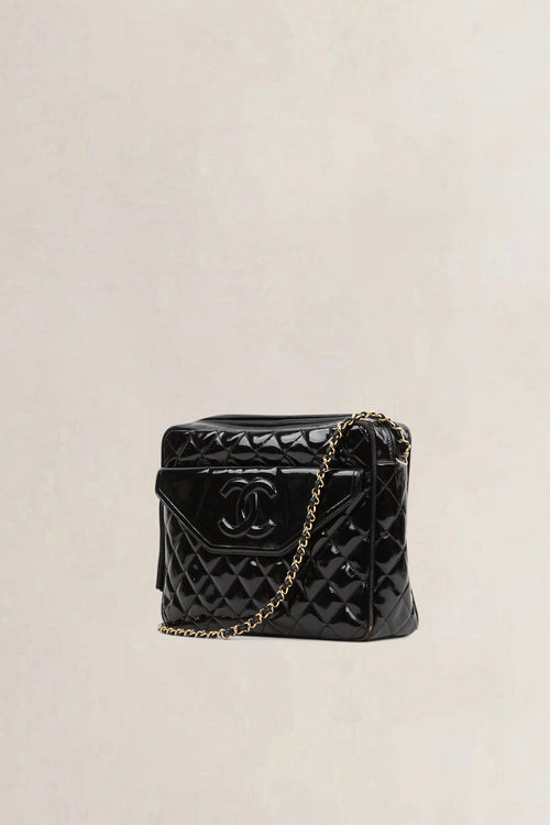 Chanel Black Quilted Patent Leather Camera Crossbody Bag