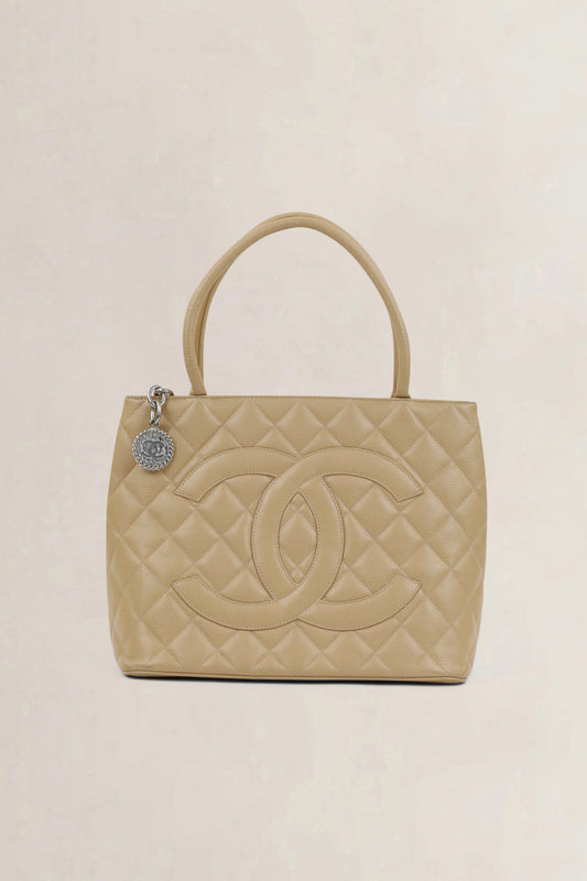 Chanel Beige Caviar Leather Medaillon Shoulder Bag
