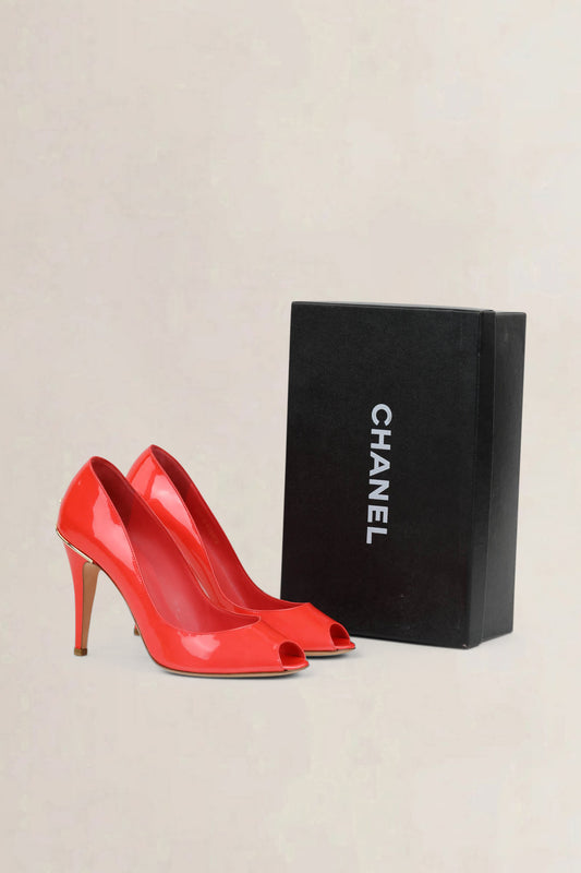 Chanel Coral Patent Leather Open Toe Pumps