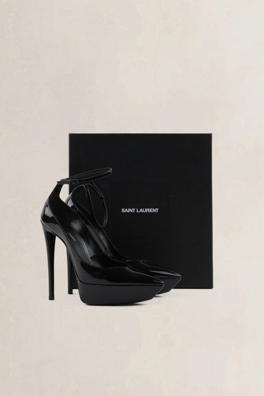 YSL Black Patent Leather Betty Ankle Strap Pumps