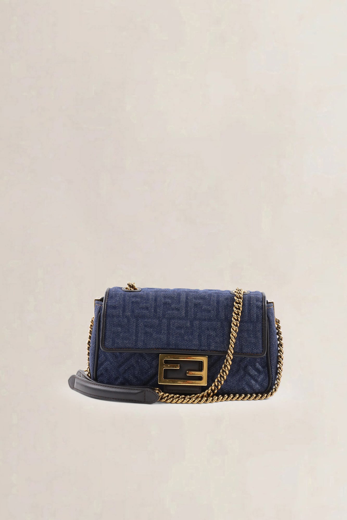 Fendi Dark Blue Denim Chain Baguette Midi Crossbody Bag