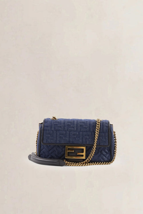 Fendi Dark Blue Denim Chain Baguette Midi Crossbody Bag