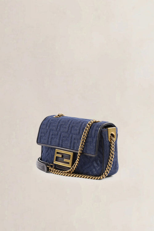 Fendi Dark Blue Denim Chain Baguette Midi Crossbody Bag
