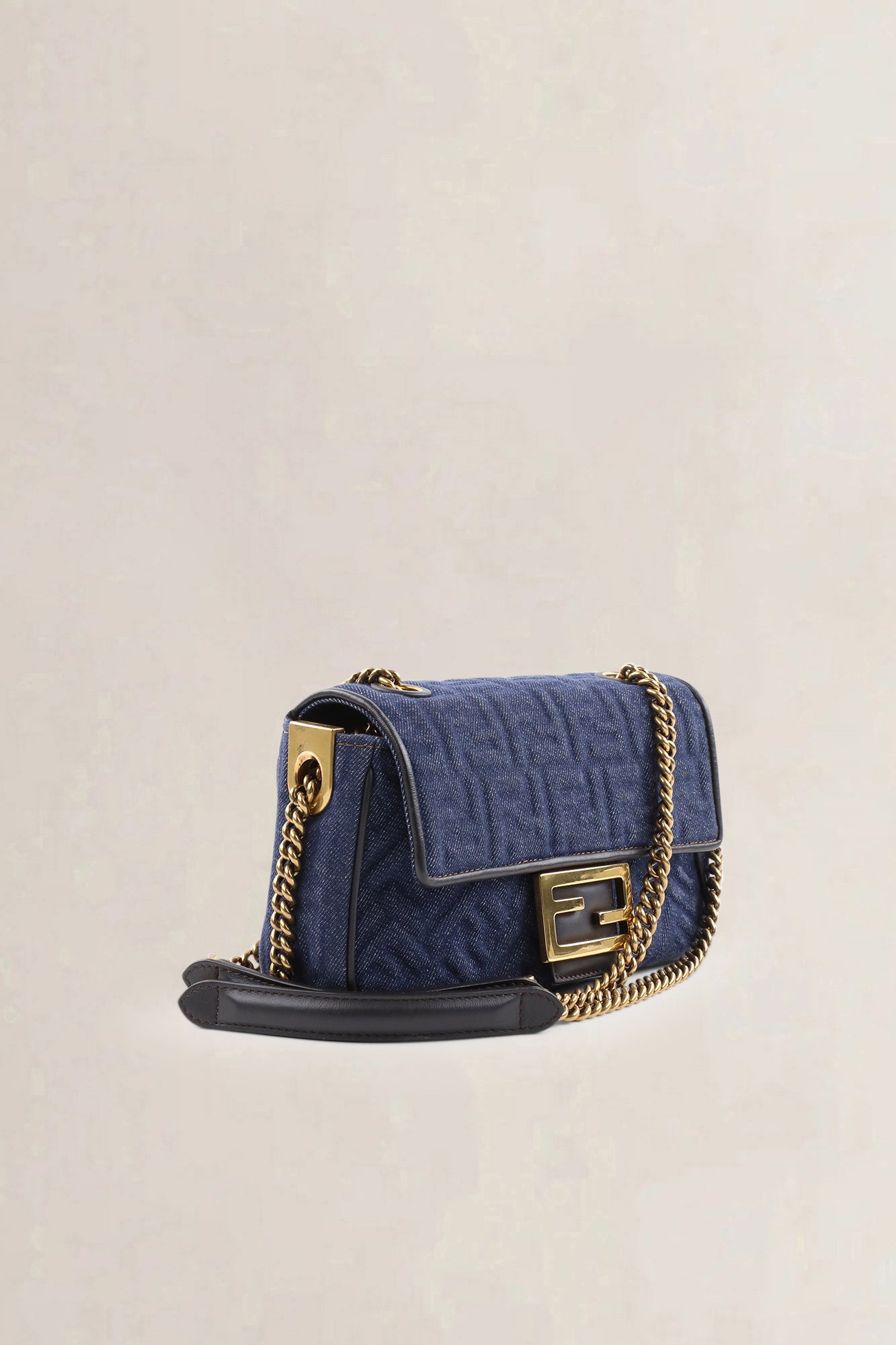 Fendi Dark Blue Denim Chain Baguette Midi Crossbody Bag
