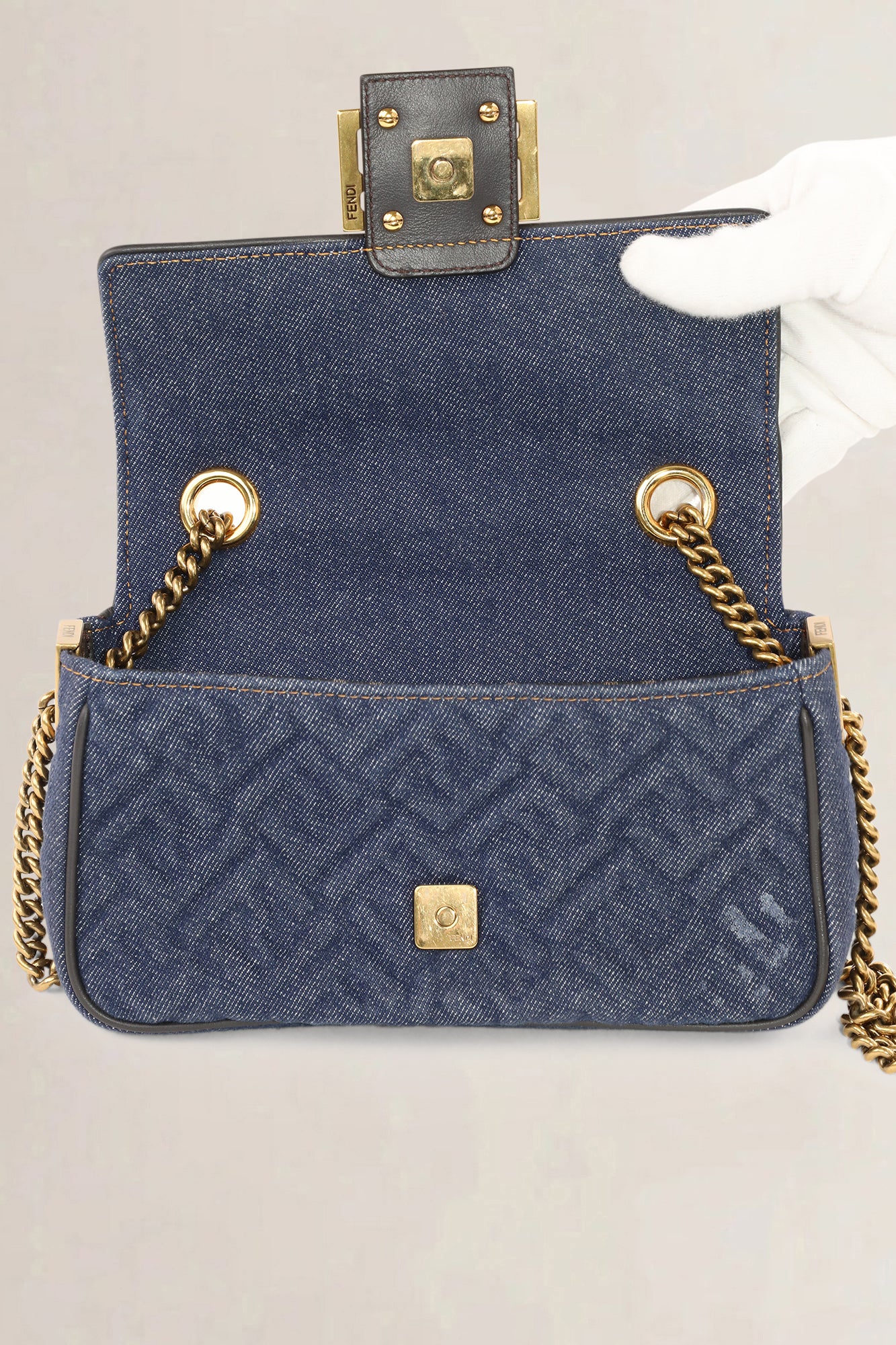 Fendi Dark Blue Denim Chain Baguette Midi Crossbody Bag