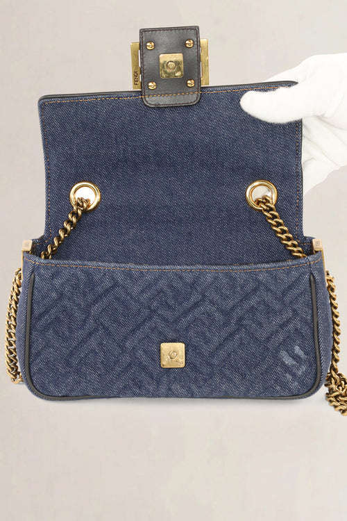 Fendi Dark Blue Denim Chain Baguette Midi Crossbody Bag