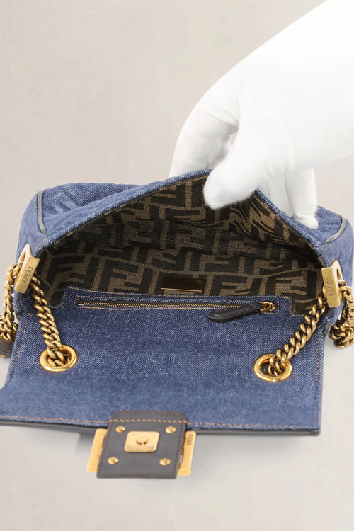 Fendi Dark Blue Denim Chain Baguette Midi Crossbody Bag