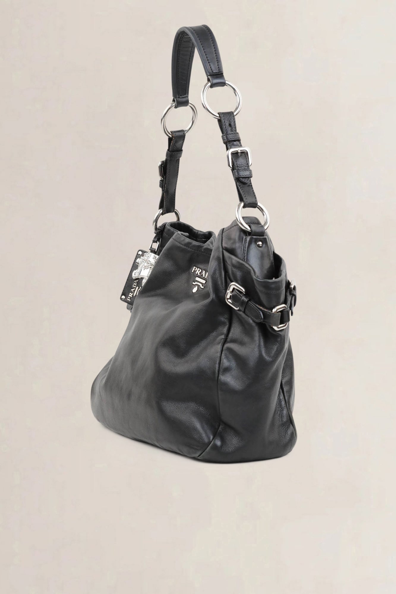 Prada Black Soft Calf Hobo Shoulder Bag