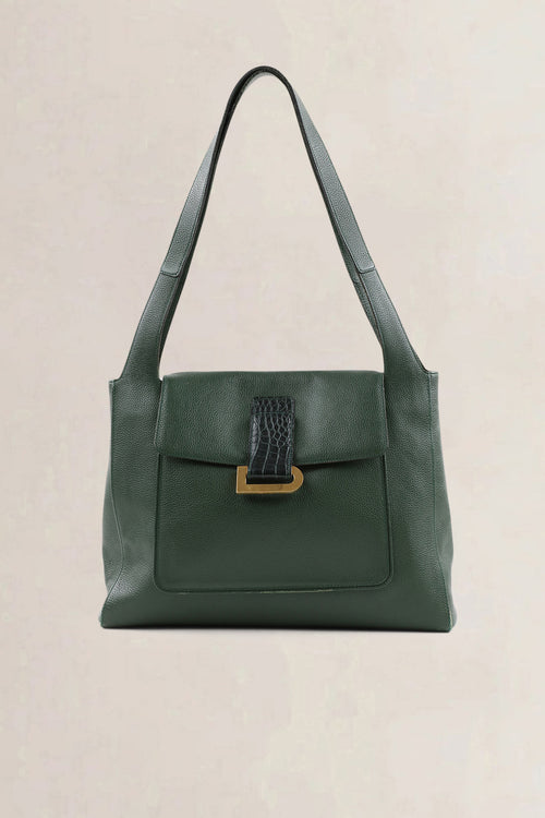 Delvaux Forest Green Leather/Croco Flambeau Shoulder Bag