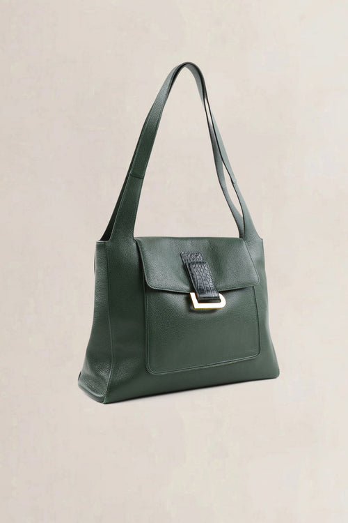 Delvaux Forest Green Leather/Croco Flambeau Shoulder Bag