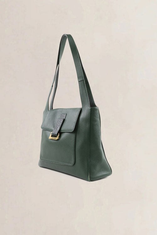 Delvaux Forest Green Leather/Croco Flambeau Shoulder Bag