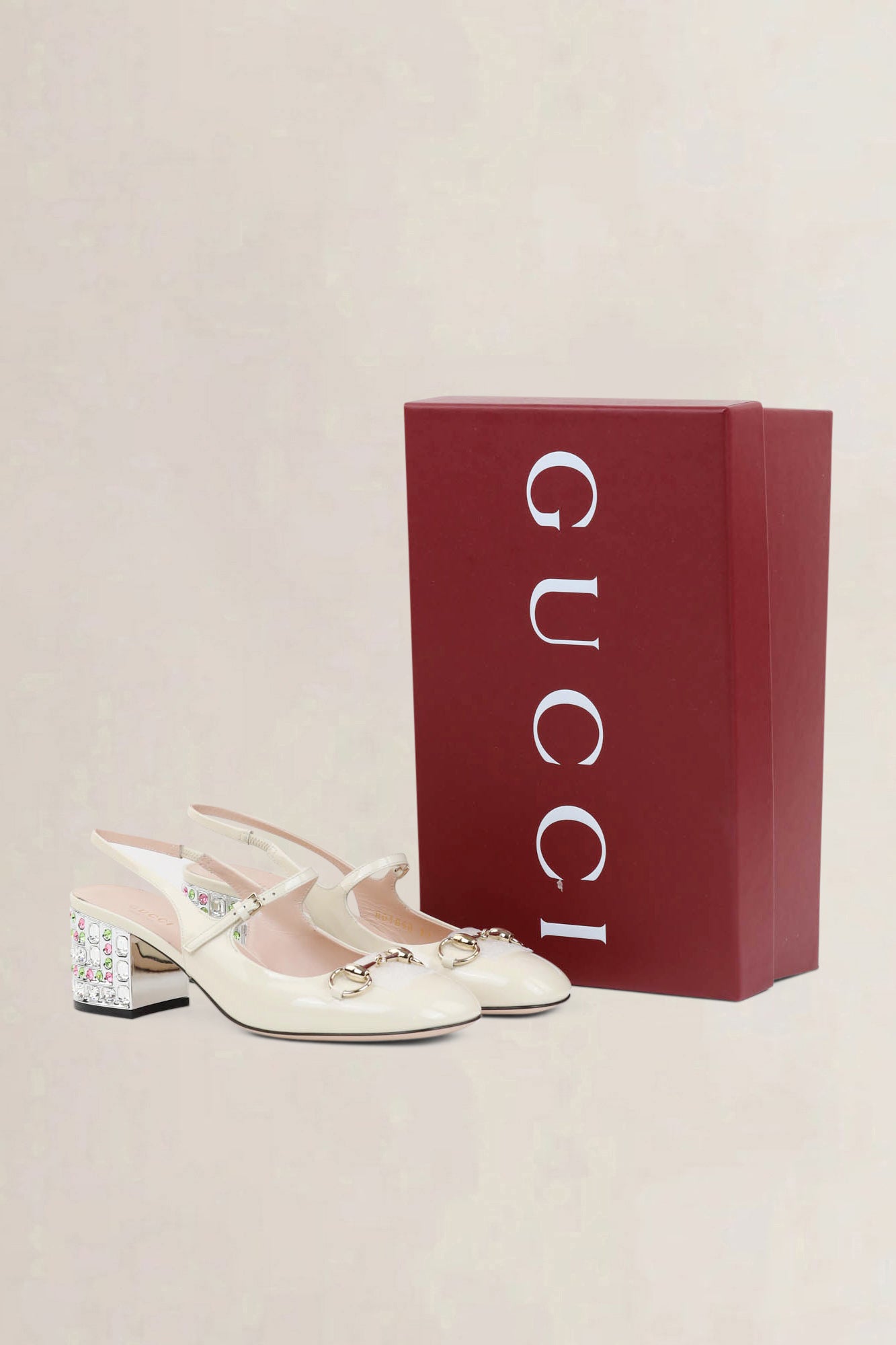 Gucci Ivory Lady Horsebit Crystal Embellished Mary Jane Pumps