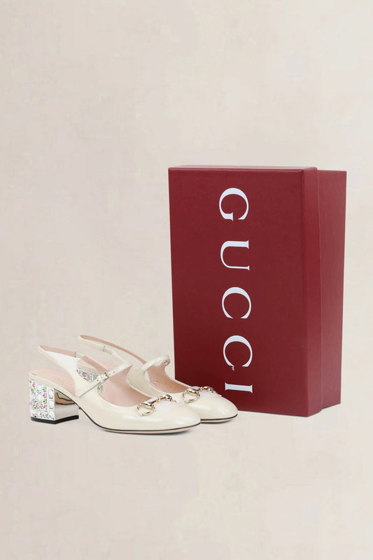 Gucci Ivory Lady Horsebit Crystal Embellished Mary Jane Pumps