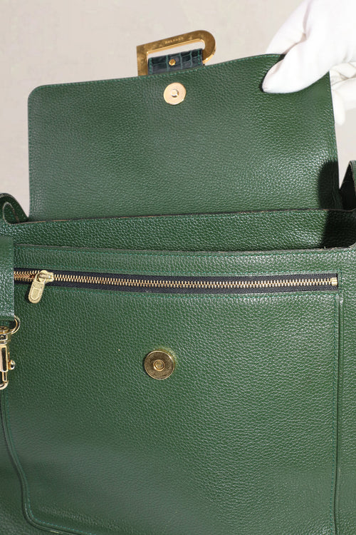 Delvaux Forest Green Leather/Croco Flambeau Shoulder Bag