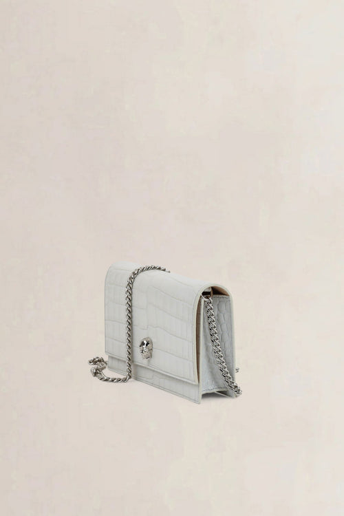 Alexander McQueen White Skull Croco Embossed Crossbody Bag