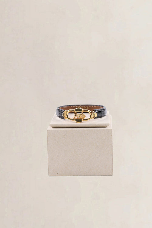 Céline Gold Tone Black Vintage Leather Bracelet