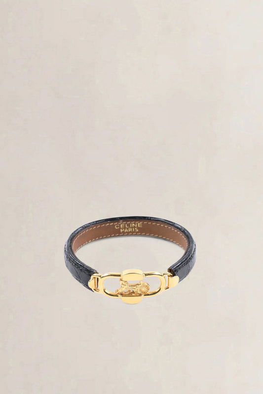 Céline Gold Tone Black Vintage Leather Bracelet