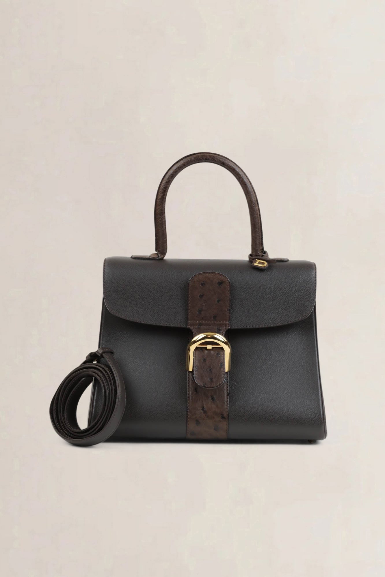 Delvaux Brillant MM Dark Brown Ostrich Crossbody Bag