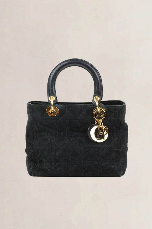 Christian Dior Black Lady Dior Medium Suède Top Handle Bag