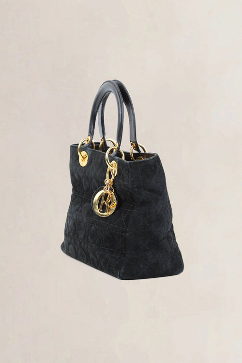 Christian Dior Black Lady Dior Medium Suède Top Handle Bag