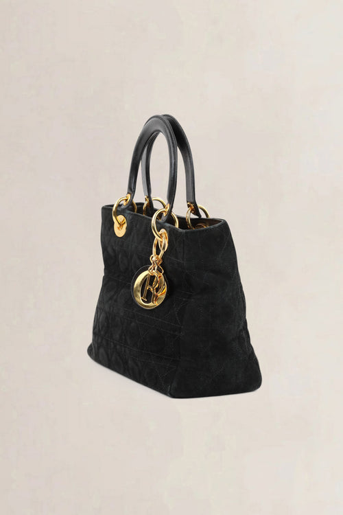 Christian Dior Black Lady Dior Medium Suède Top Handle Bag