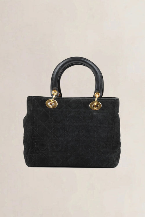 Christian Dior Black Lady Dior Medium Suède Top Handle Bag