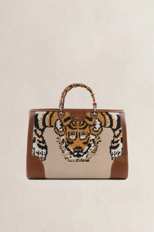 Gucci Needlepoint Tiger Large Bamboo Shopper Bag