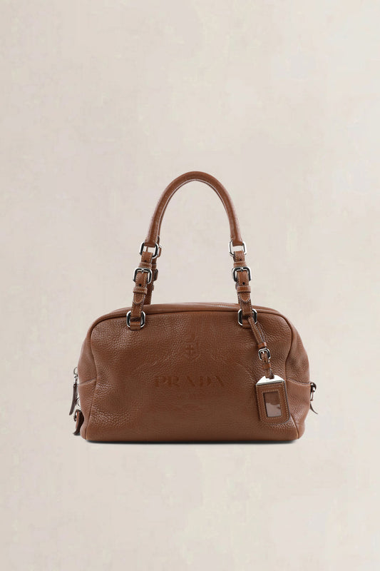 Prada Brown Embossed Logo Bowler Shoulder Bag