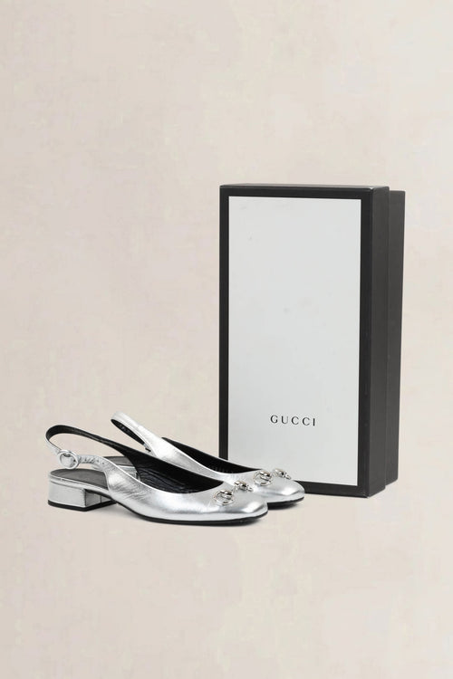 Gucci Silver Horsebit Slingback Heels