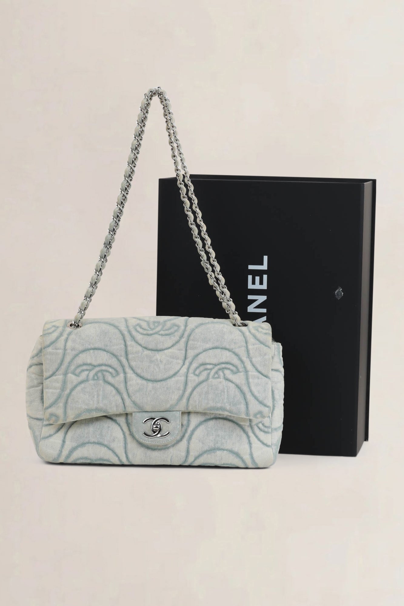 Chanel 2021 Blue Denim Wave Jumbo Crossbody Bag