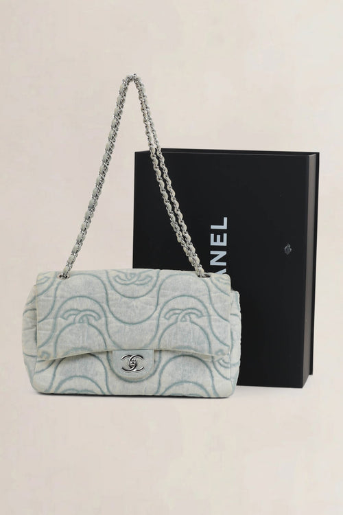 Chanel 2021 Blue Denim Wave Jumbo Crossbody Bag