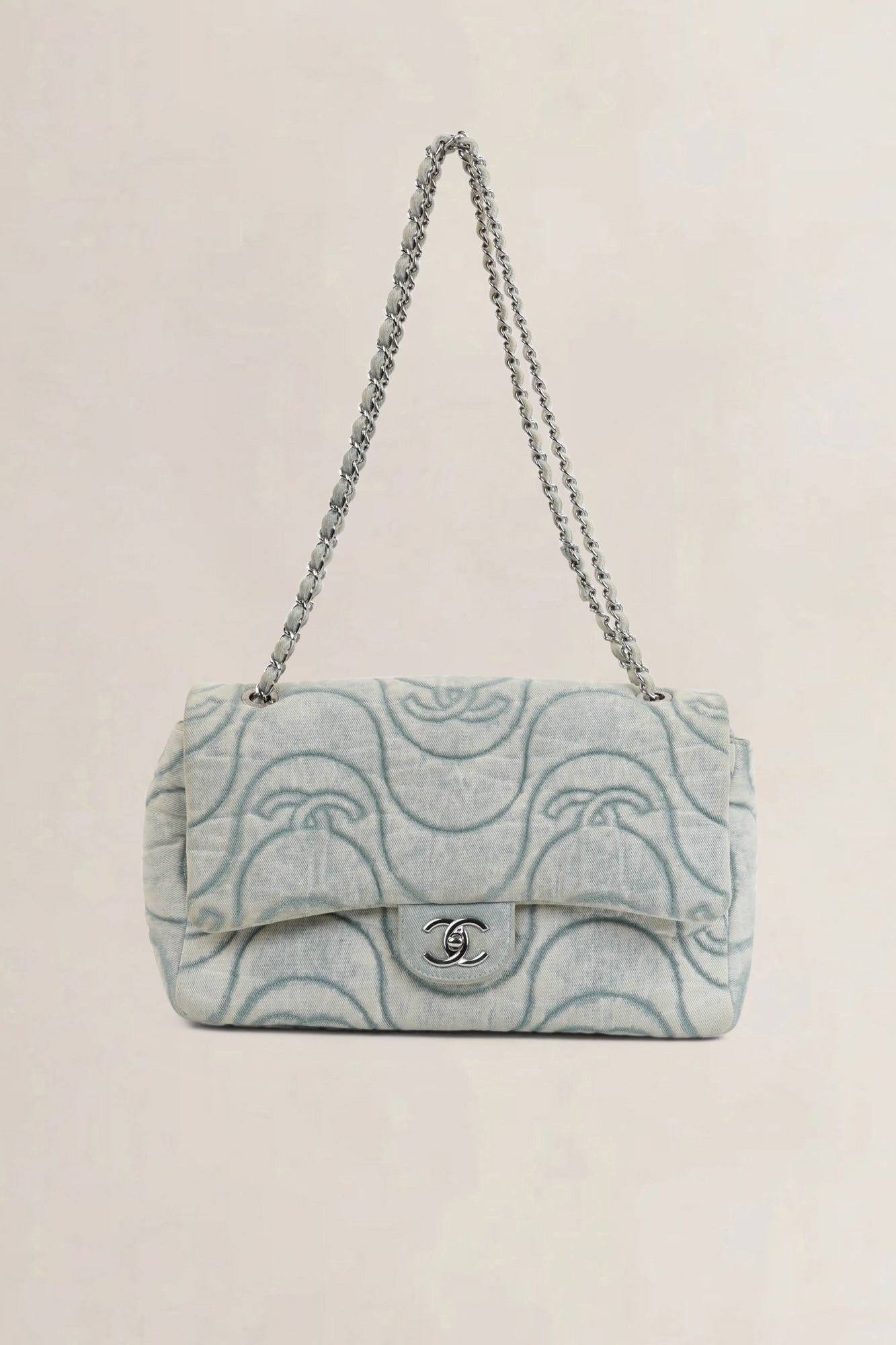 Chanel 2021 Blue Denim Wave Jumbo Crossbody Bag