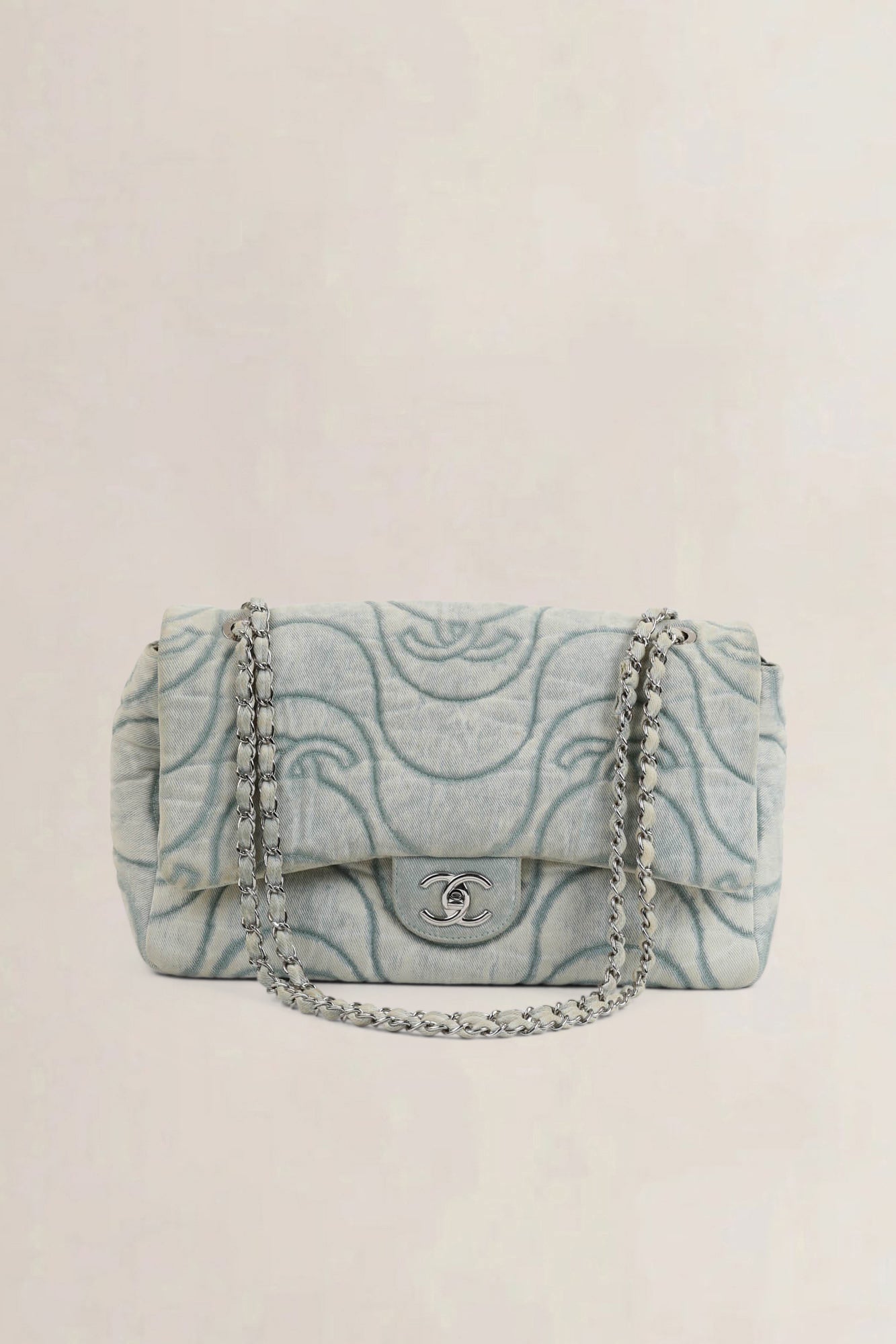 Chanel 2021 Blue Denim Wave Jumbo Crossbody Bag