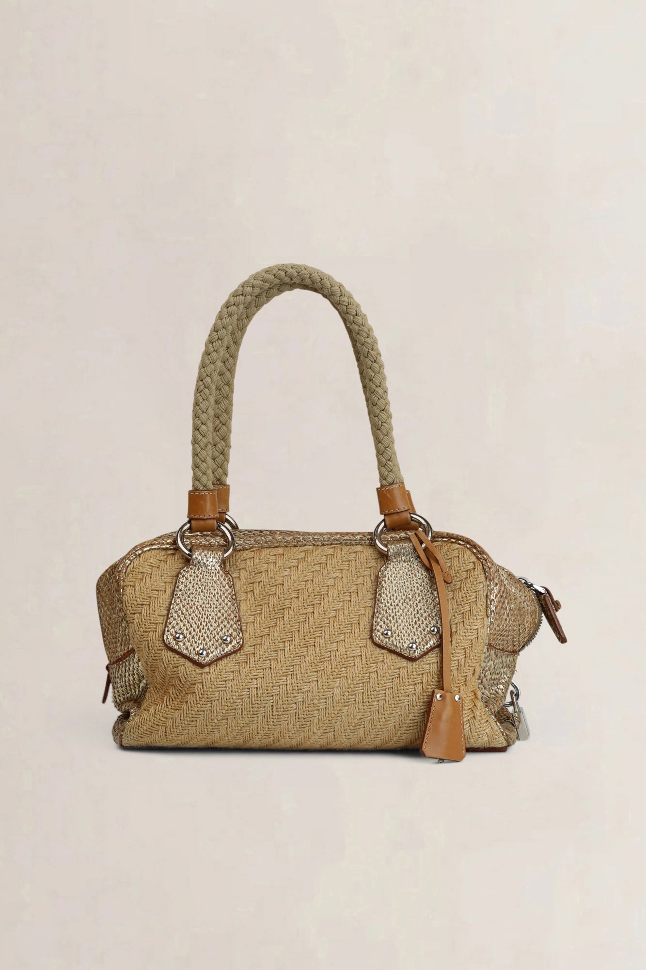 Prada Beige Raffia Pitone-Trim Shoulder Bag