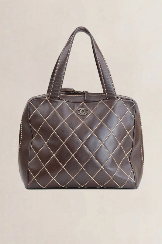 Chanel Brown Leather CC Wild Stitch Lamsbkin Top Handle Bag