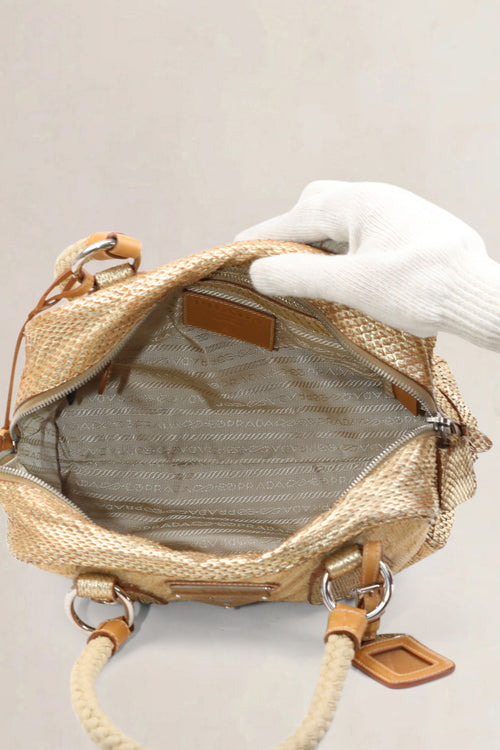 Prada Beige Raffia Pitone-Trim Shoulder Bag