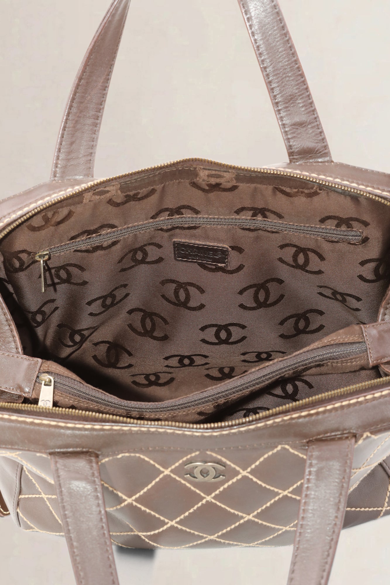 Chanel Brown Leather CC Wild Stitch Lamsbkin Top Handle Bag